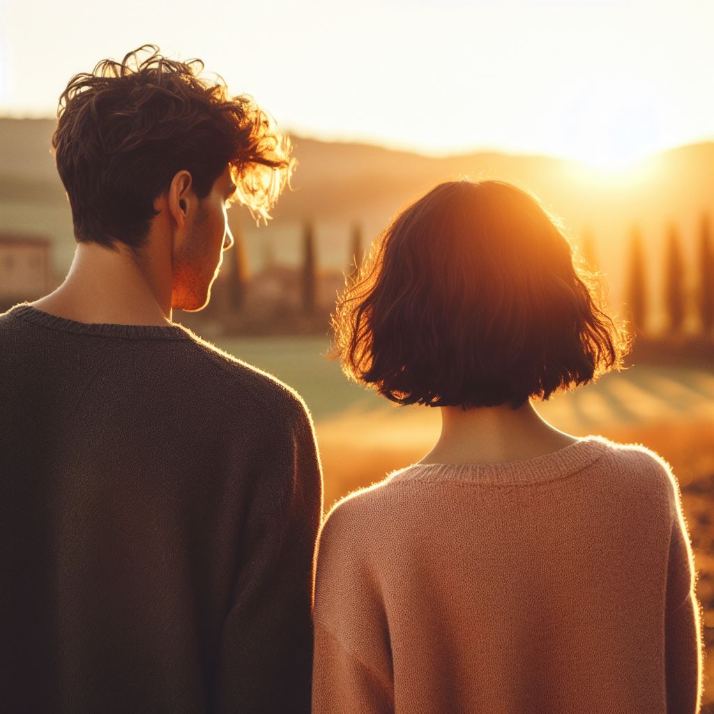 sweet couple in the autumn sunset couple de dos